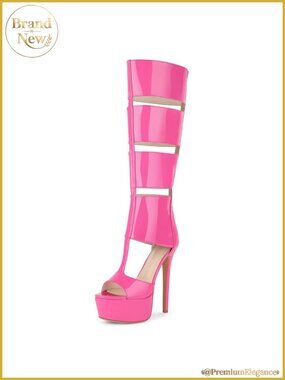 Gladiator Knee High Stiletto Heels Sandals, Platform Peep Toe Back Zipper